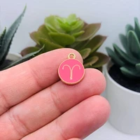 12 or 60 Pieces: Bright Pink Enamel and Gold Zodiac/Astrology Charms, Double Sided