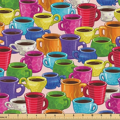 Ambesonne Cartoon Fabric by The Yard, Colorful Vivid Vibrant Coffee House Inspired Modern Vintage Retro Mugs Cups Print, Decorative Fabric for Upholstery and Home Accents, 5 Yards, Green Magenta