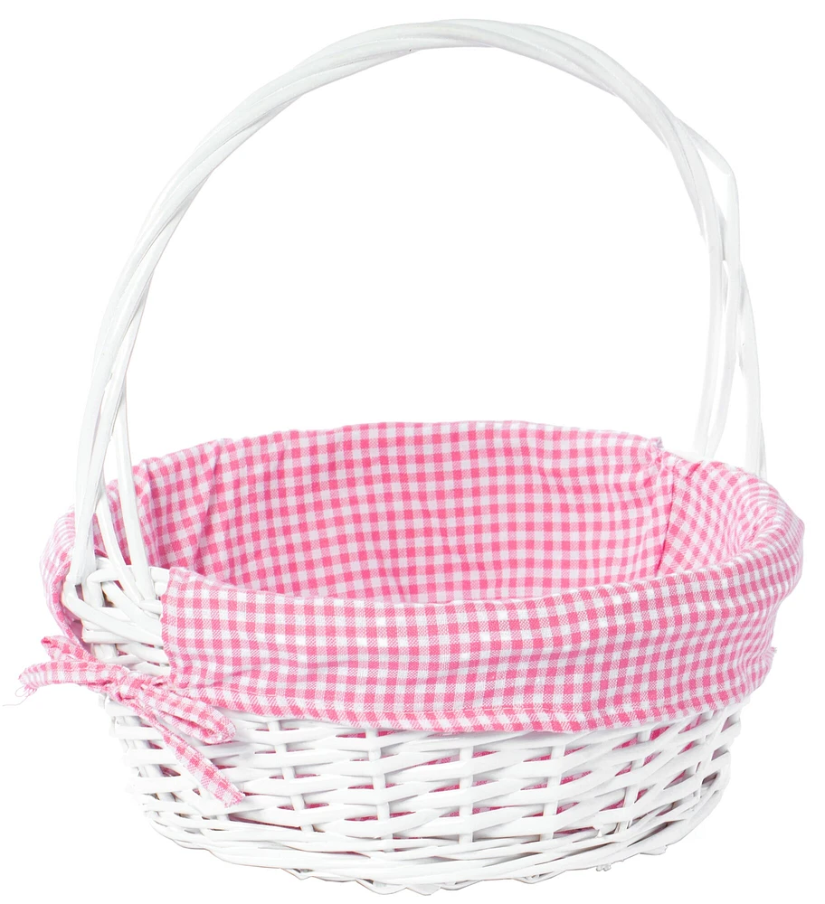 White Round Willow Gift Basket, with Gingham Liner and Handle