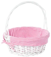 White Round Willow Gift Basket, with Gingham Liner and Handle