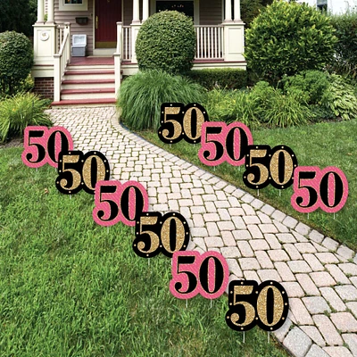 Big Dot of Happiness Chic 50th Birthday - Pink, Black and Gold Lawn Decorations - Outdoor Birthday Party Yard Decorations - 10 Piece