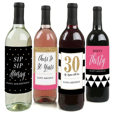 Big Dot of Happiness Chic 30th Birthday - Pink, Black and Gold - Birthday Gift For Women - Wine Bottle Label Stickers - Set of 4