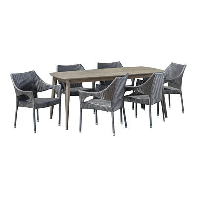 GDFStudio Kado Outdoor 7 Piece Wood and Wicker Dining Set, Gray and Gray