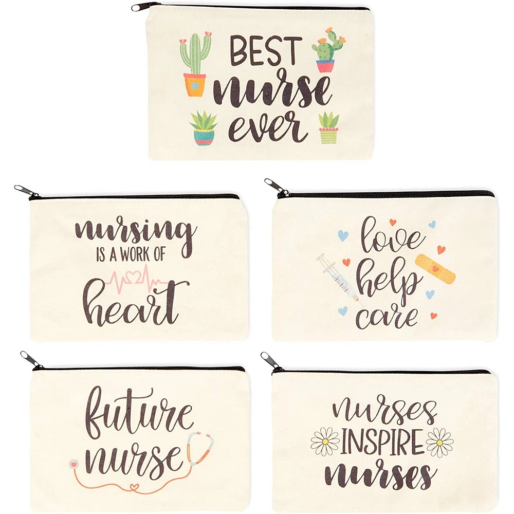 5-Pack Canvas Makeup Bags for Nurse Appreciation Gifts, Cosmetic Pouches (9" x 6")