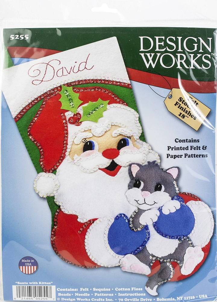 Design Works Felt Stocking Applique Kit 18" Long-Santa W/Kitten