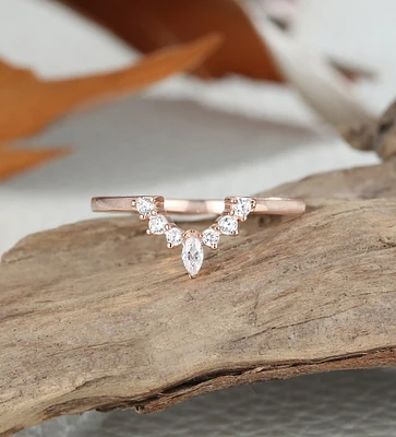 Marquise cut moissanite wedding band, vintage rose gold ring, personalized gift cubic zirconia wedding ring