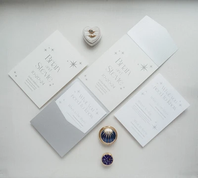 Dreamy Celestial Wedding Invitations with Elegant Metallic Pocket and Personalized Celestial Stationery