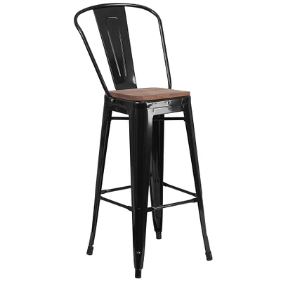 Merrick Lane Donnely Metal Dining Stool with Curved Slatted Back and Textured Wood Seat