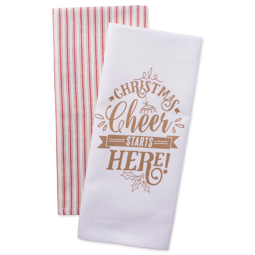 Contemporary Home Living Set of 2 White and Red Assorted "Christmas Cheer" Printed Rectangular Dishtowels 28"