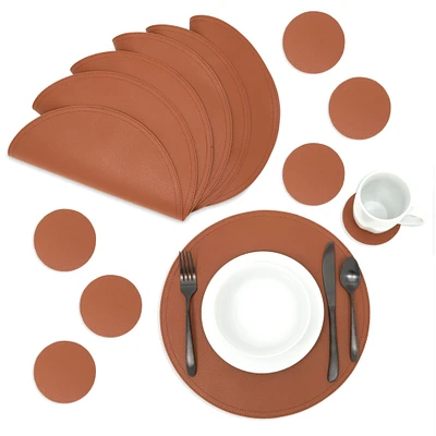 Set of 6 Faux Leather Circle Placemats and 6 Round Coasters for Dining Room Table (Brown)