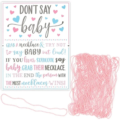 Don't Say Baby Easel Sign, Baby Shower Games for Girls Gender Reveal Favors, Decorations, 1 Sign and 36 Pink Beaded Necklaces