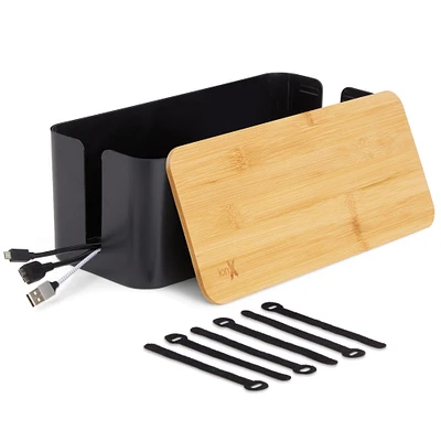 Box for Cable Management, 1 Medium ABS Cord Organizer Box with Bamboo Lid, Black