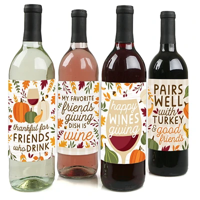 Big Dot of Happiness Fall Friends Thanksgiving - Friendsgiving Party Decorations for Women and Men - Wine Bottle Label Stickers - Set of 4