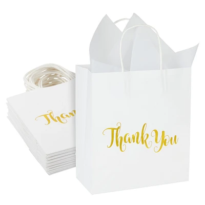 15 Pack White Thank You Paper Gift Bags with Handles, Tissue Paper for Wedding, Baby Shower, Birthday Party Favors (8 x 4 x 8.8 In)