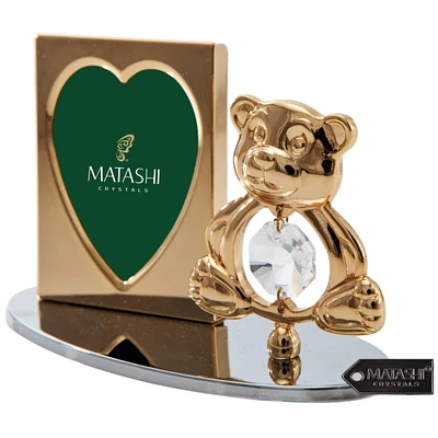 Matashi   24k Gold Plated Picture Frame Desk Set with Crystal Decorated Teddy Bear Figurine on a Silver Base Gift for
