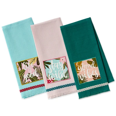 Contemporary Home Living Set of 3 Pink and Blue Island Tropics Embellished Dish Towel, 28"