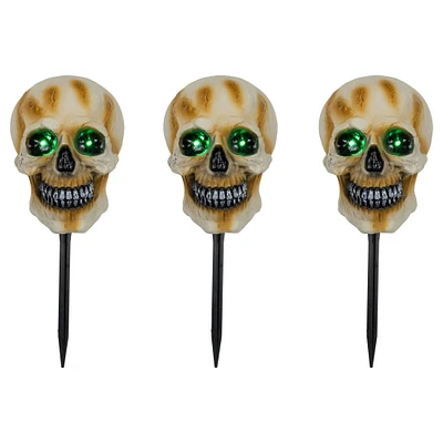 Northlight Set of 3 Lighted Skeleton Head Halloween Pathway Markers with Sound - Battery Operated