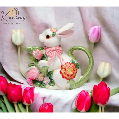 kevinsgiftshoppe Ceramic Easter Bunny Rabbit with Flowers Teapot, Gift for Her, Gift for Mom, Tea Party Dcor, Caf Dcor, Spring Decor