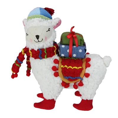 Raz 8.5" White and Red Plush Llama with Hat Christmas Tabletop Figure