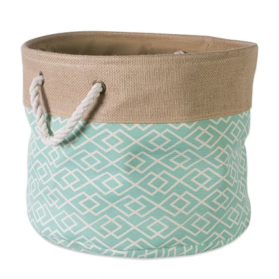 Contemporary Home Living 12" Brown and Aqua Blue Round Small Storage Basket with Diamond Design