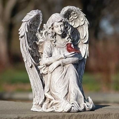 Roman 11" Memorial Angel with Cardinal Outdoor Garden Statue