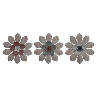 Contemporary Home Living Set of 3 Green and Pink Farmhouse Flowers Wall Design 12.75"