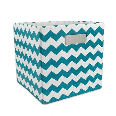 Contemporary Home Living Teal Blue Polyester Cube Storage Bin with Chevron Design 13"