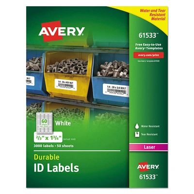 Avery Durable Permanent ID Labels with TrueBlock Technology Laser Printers 0.66 x 1.75 White 60/Sheet 50 Sheets/Pack