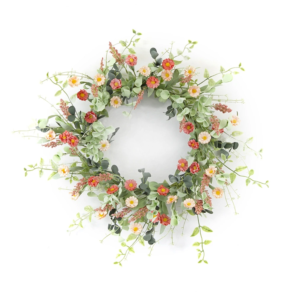 Contemporary Home Living Multi-Color Plastic with Mini Daisy Artificial Colorful Wreath, 24"