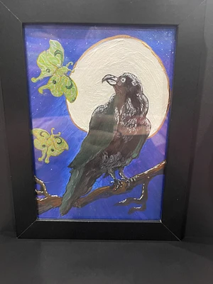 Original painting acrylic wood framed 5x7 Moonlit Raven And Luna Moths