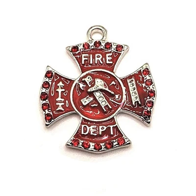 1, 4 or 20 Pieces: Red and Silver Fire Department Rhinestone Pendant Charms