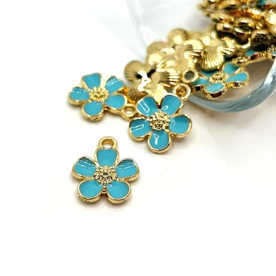 4, 20 or 50 Pieces: Light Blue and Gold Flower Charms