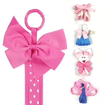 Wrapables Peacock, Bunny, Purse, Ballet Shoes Ribbon Sculpture Hair Clips with Polka Dots Hair Clip / Hair Bow Holder, Hot Pink