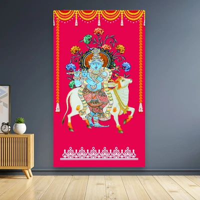 Rani Krishna With Cow Backdrop, Lord Krishna Banner, Pooja Backdrop, Indian Backdrop, Pooja Wall Decor, Cloth Backdrop, , Pooja Cloth, Traditional Backdrop, Pooja Decoration,