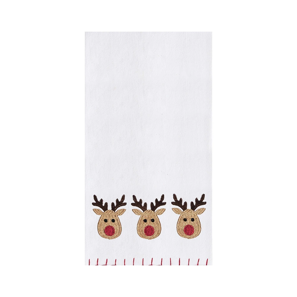 Holiday Christmas Theme Featuring 3 Red Nose Reindeer Embroidered Flour Sack Dishtowel Decor Decoration 27L x 18W in.