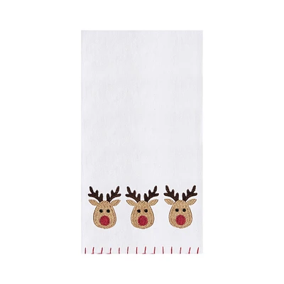 Holiday Christmas Theme Featuring 3 Red Nose Reindeer Embroidered Flour Sack Dishtowel Decor Decoration 27L x 18W in.
