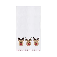 Holiday Christmas Theme Featuring 3 Red Nose Reindeer Embroidered Flour Sack Dishtowel Decor Decoration 27L x 18W in.