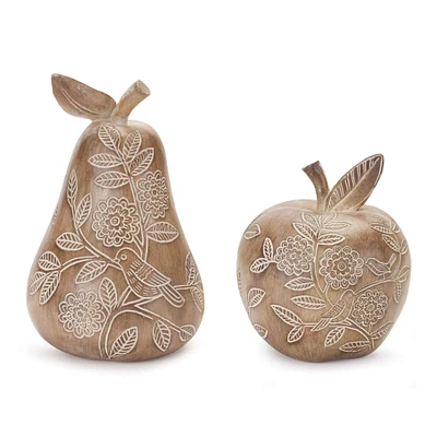 Melrose Set of 2 Floral Etched Apple and Pear Tabletop Decors 7.75"