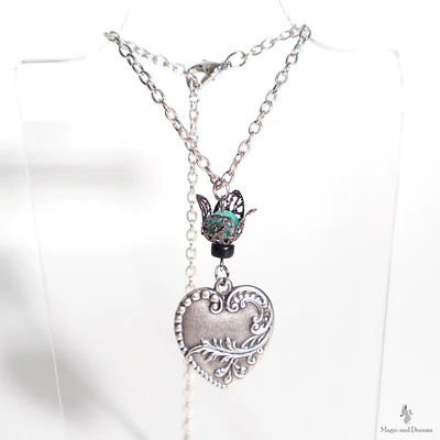 Silver Filigree Heart Necklace, Antique Silver, Floral, Blue Turquoise, Beaded