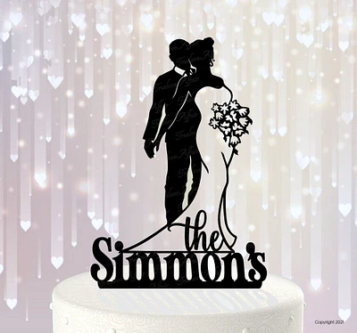 Silhouette Wedding Cake Topper  ~  Bride and Groom Embracing with Last Name ~ Detailed Acrylic Silhouette Wedding Cake Topper [TLA39]