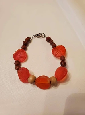 Wooden and Orange Leaf Beaded Bracelet