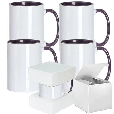 Set of Four 15oz Purple Mugs with PURPLE Interior And Handle, Individually Packaged in Foam Support Boxes