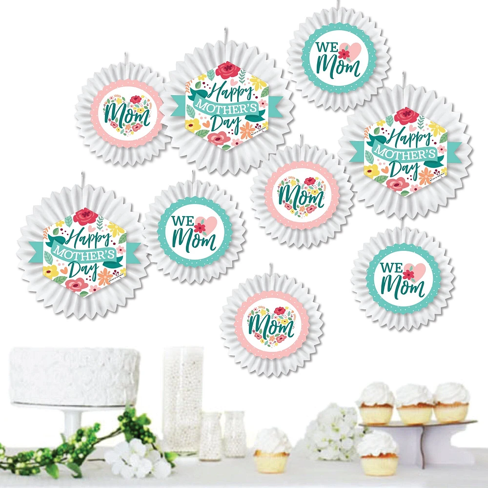 Big Dot of Happiness Colorful Floral Happy Mother's Day - Hanging We Love Mom Party Tissue Decoration Kit - Paper Fans - Set of 9