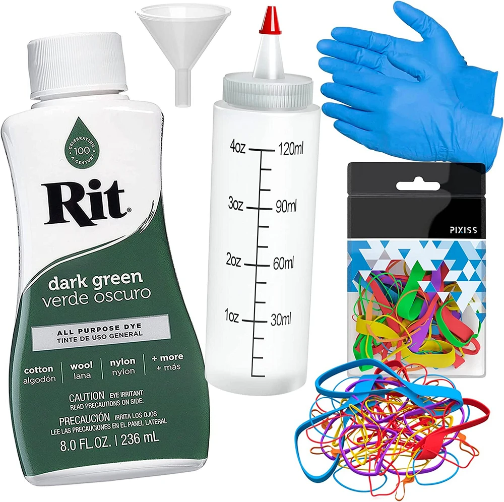 Rit Dye Liquid Dark Green All-Purpose Dye 8oz, Pixiss Tie Dye Accessories Bundle