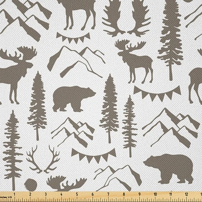 Ambesonne Northwoods Fabric by The Yard, Forest Elements with Bear Moose Trees and Mountains Wildlife Nature Theme, Decorative Satin Fabric for Home Textiles and Crafts, Taupe and White