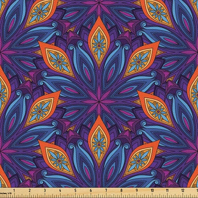 Ambesonne Mandala Fabric by The Yard, Vibrant Colored Floral Pattern Eastern Style Vintage Art Desin Print, Decorative Fabric for Upholstery and Home Accents, 1 Yard, Orange Blue