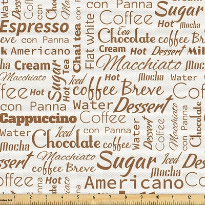 Ambesonne Modern Fabric by The Yard, Coffee Themed Words Macchiato Mocha Americano Breve Dessert Graphic, Decorative Fabric for Upholstery and Home Accents, 3 Yards, Umber Cream