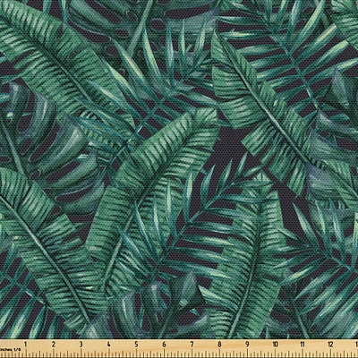 Ambesonne Palm Leaf Fabric by The Yard, Watercolor Tropical Jungle Leaves Pattern Fresh Rainforest Hawaii Summer, Decorative Fabric for Upholstery and Home Accents, 2 Yards, Green Black
