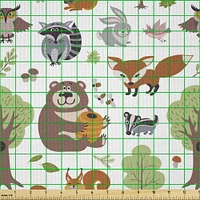 Ambesonne Forest Fabric by The Yard, Doodle Woodland Creatures as Honey Bear Rabbit Fox and Raccoon in Nature Habitat, Decorative Satin Fabric for Home Textiles and Crafts, 2 Yards, Multicolor