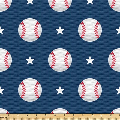 Ambesonne Sports Fabric by The Yard, Baseball Patterns on Vertical Striped Background Stars Design, Decorative Fabric for Upholstery and Home Accents, 3 Yards, Blue Red